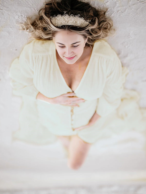 Ivory White Single Breasted Open Front Big Swing Deep V-neck Robe Elegant Wedding Gown Maternity Boho Photoshoot Baby Shower Maxi Dress