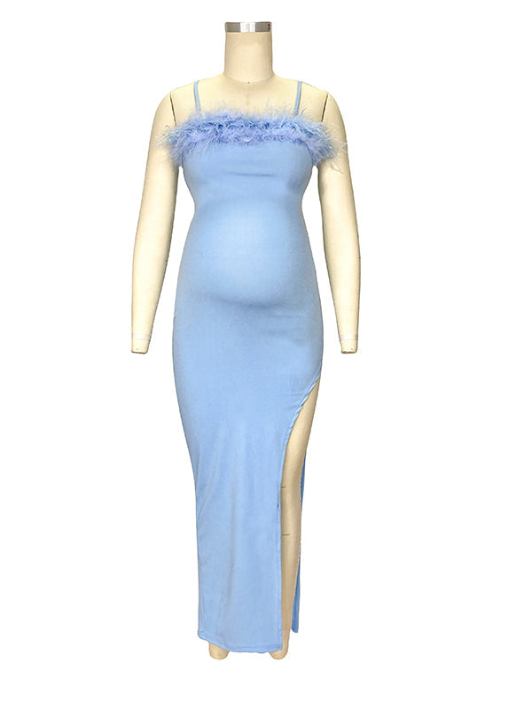 Spaghetti Strap Off Shoulder Feather Splicing Side Slit Bodycon Party Maternity Maxi Dress