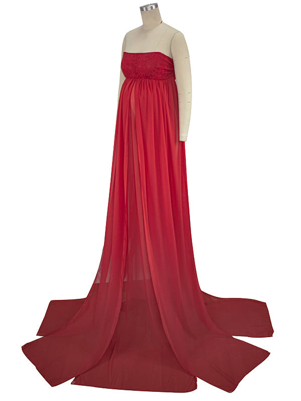 Chiffon Bandeau Flowy Slit Side Wrap Tulle Irregular Photoshoot Maternity Maxi Dress