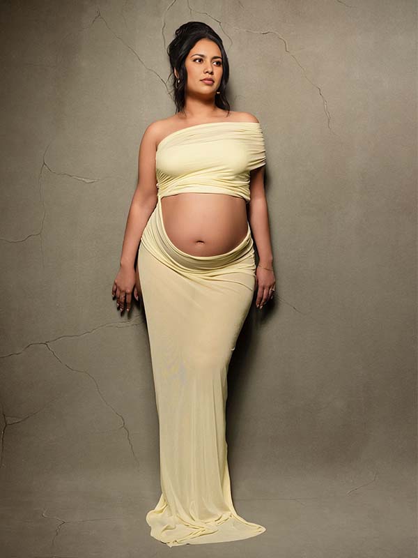 2-in-1 One Shoulder Side Slit Grenadine Sheer Photoshoot Maternity Maxi Dress