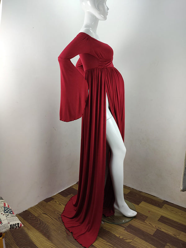 Solid Off Shoulder V-neck Slit Flare Sleeve Party Long Train Gown Maternity Photoshoot Maxi Dress