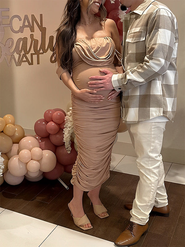 Khaki Ruched Off Shoulder Belly Friendly Baby Shower Club Party Tube Bodycon Maternity Midi Dress
