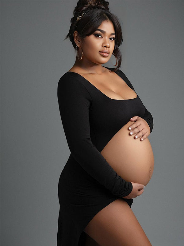 Black Ruffle Cut Out Crop Side Slit Irregular Bodycon Photoshoot Maternity Maxi Dress