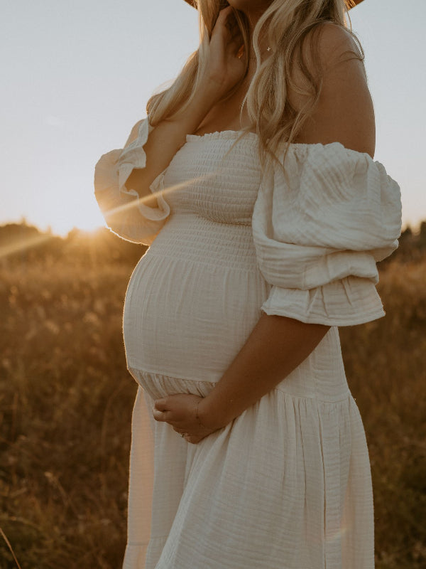 White Ruffle Ruched High Waist Puff Sleeve Cute Photoshoot Maternity Maxi Dress