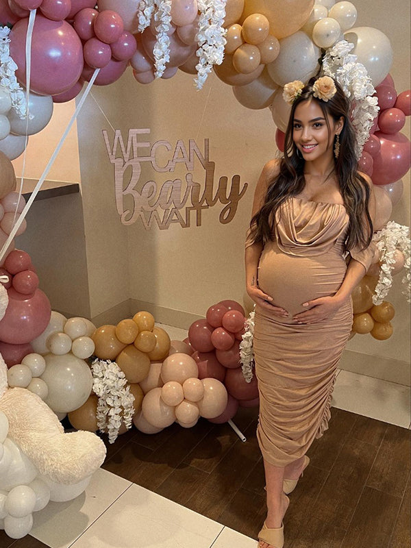 Khaki Ruched Off Shoulder Belly Friendly Baby Shower Club Party Tube Bodycon Maternity Midi Dress