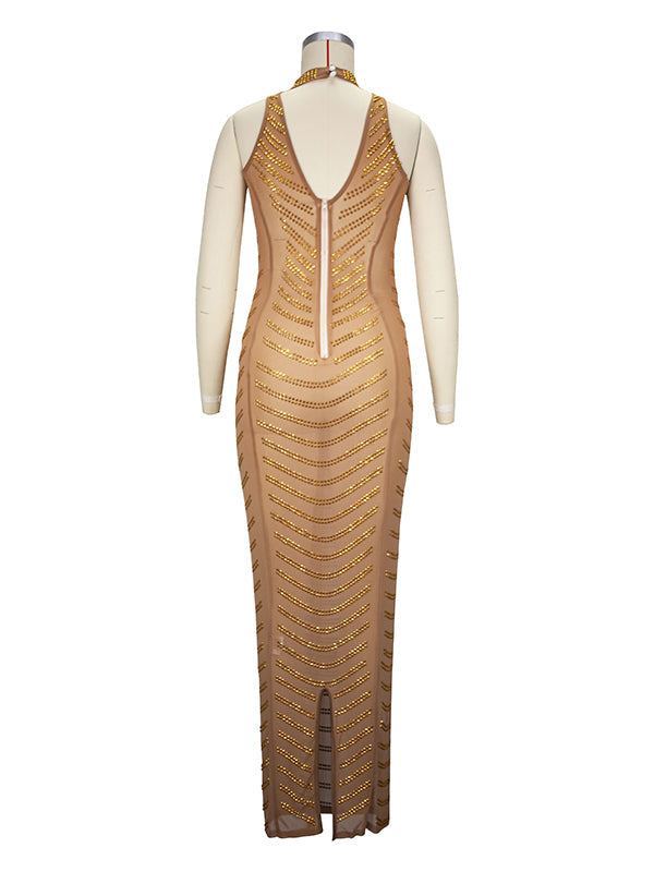 Gold Rhinestone Mesh Sleeveless Backless Photoshoot Bodycon Evening Plus Size Maternity Maxi Dress