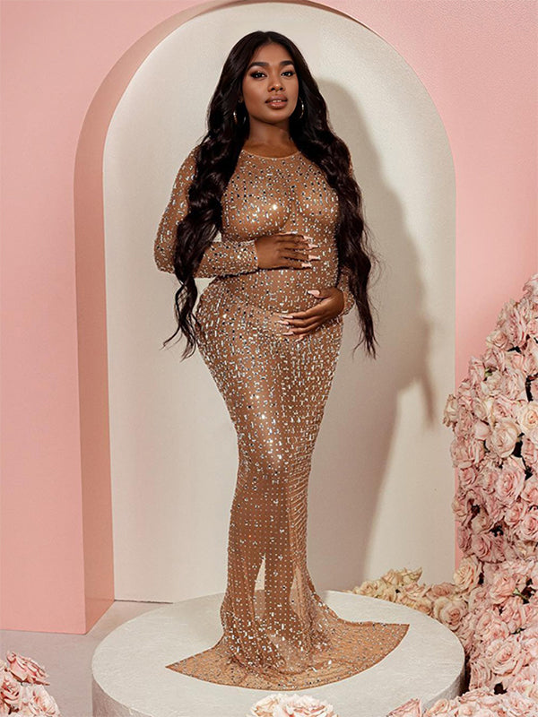 Sparkly Diamond Rhinestone Mesh Slit Long Sleeve Mermaid Sheer Maternity Photoshoot Elegant Baby Shower Party Maxi Dress