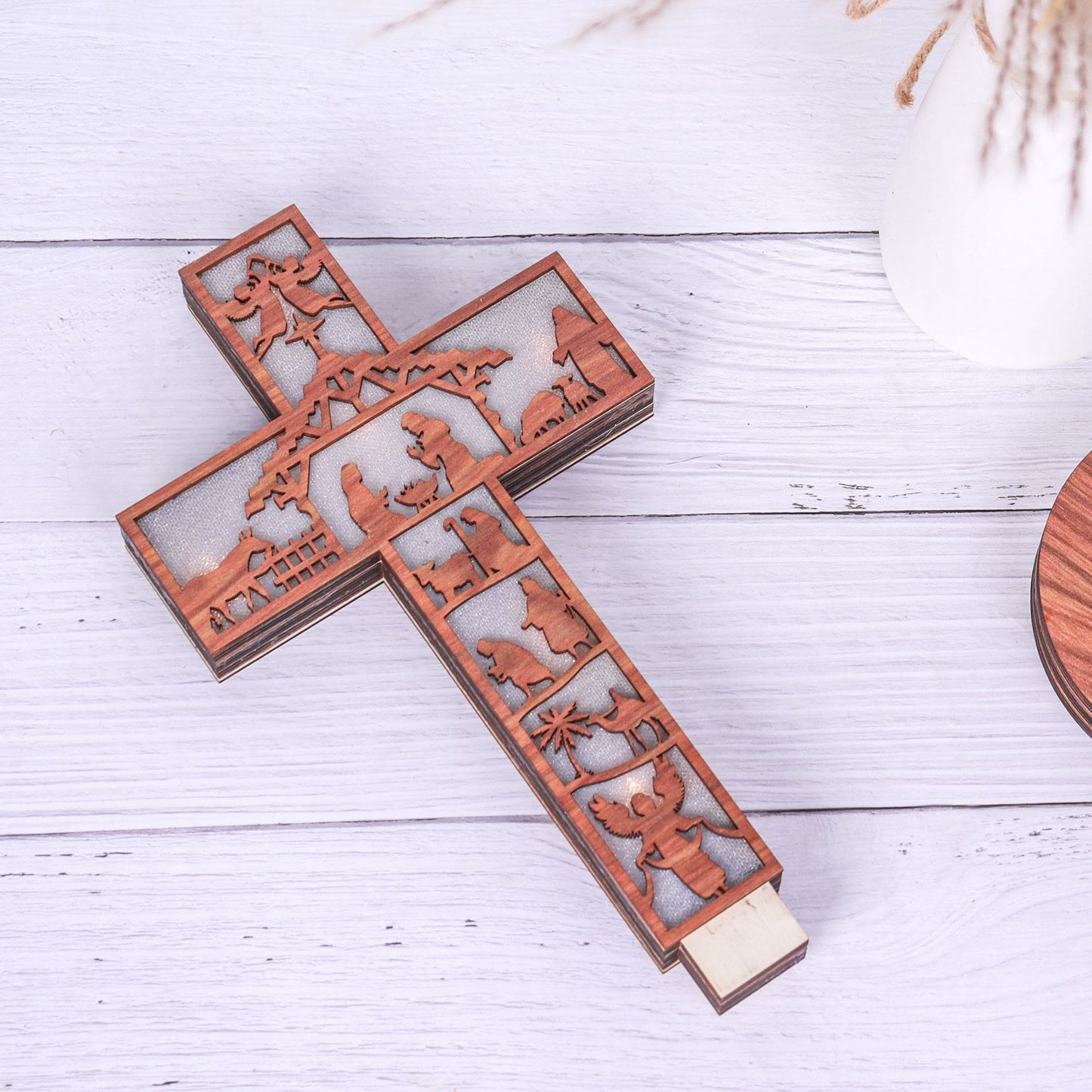 Christianartworkshop Classic Style Angels Nativity Scene Cross Light Up Wooden Desktop Decorations Ornament