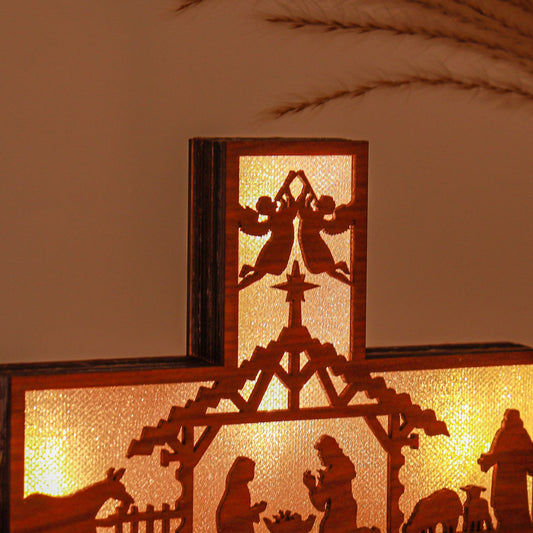 Christianartworkshop Classic Style Angels Nativity Scene Cross Light Up Wooden Desktop Decorations Ornament