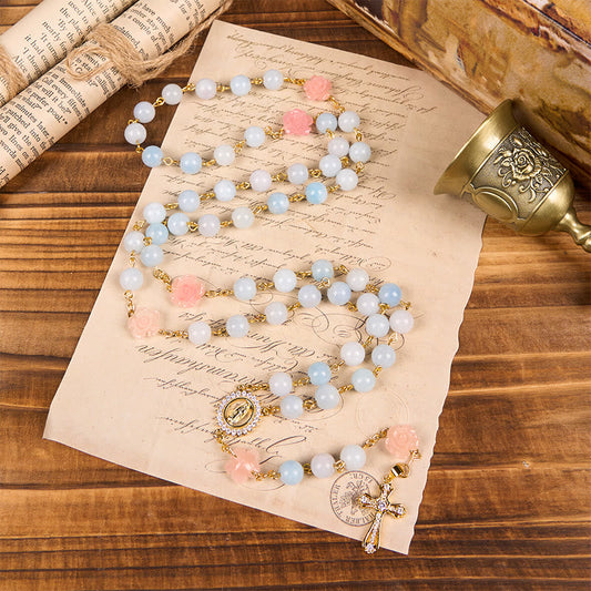 Christianartworkshop Our Lady of Guadalupe & Crucifix of 8mm Handmade Blue Aquamarine Chalcedony Beads Rosary