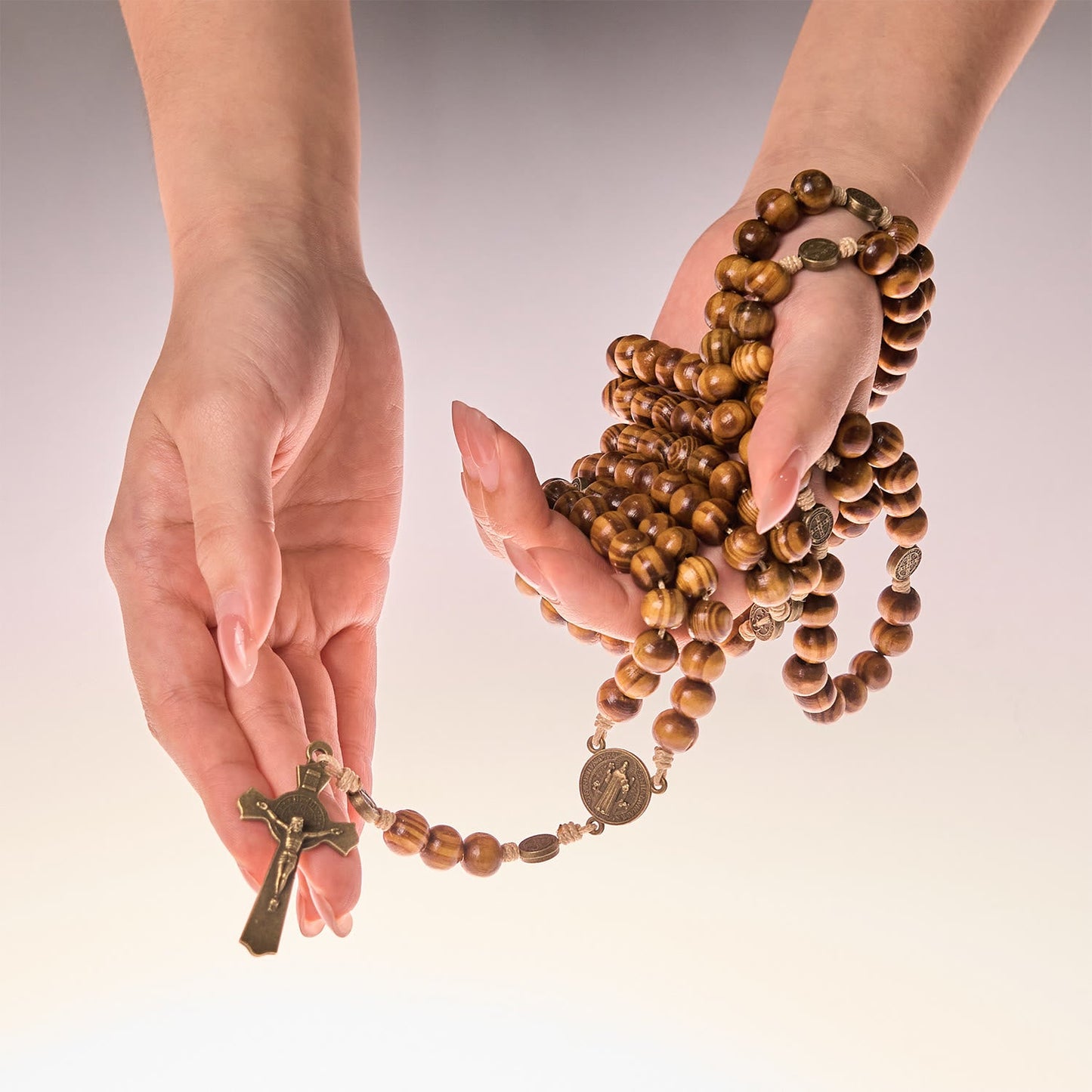 Christianartworkshop 15/20 Decade Olive Wood Rosary with St. Benedict, Crucifix & Waist Chain Design—Divine Devotion in Dual Use
