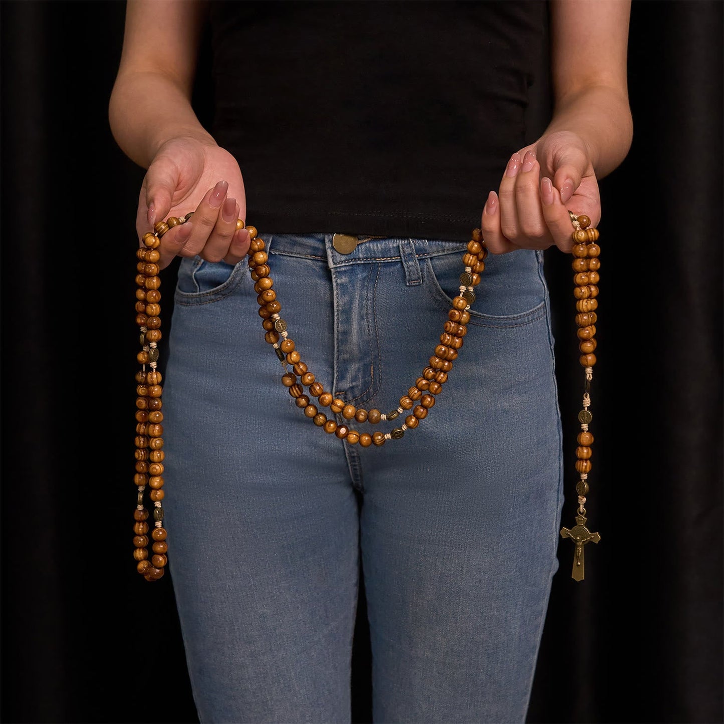 Christianartworkshop 15/20 Decade Olive Wood Rosary with St. Benedict, Crucifix & Waist Chain Design—Divine Devotion in Dual Use