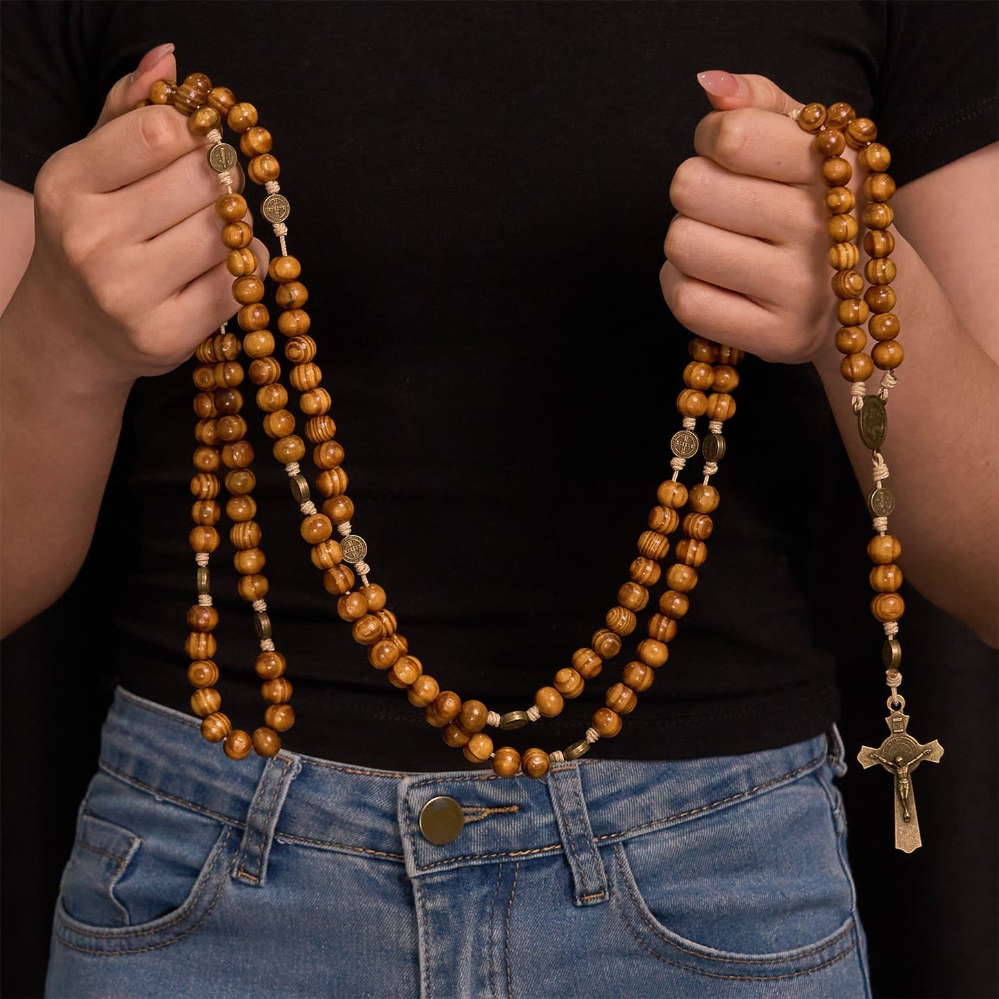 Christianartworkshop 15/20 Decade Olive Wood Rosary with St. Benedict, Crucifix & Waist Chain Design—Divine Devotion in Dual Use