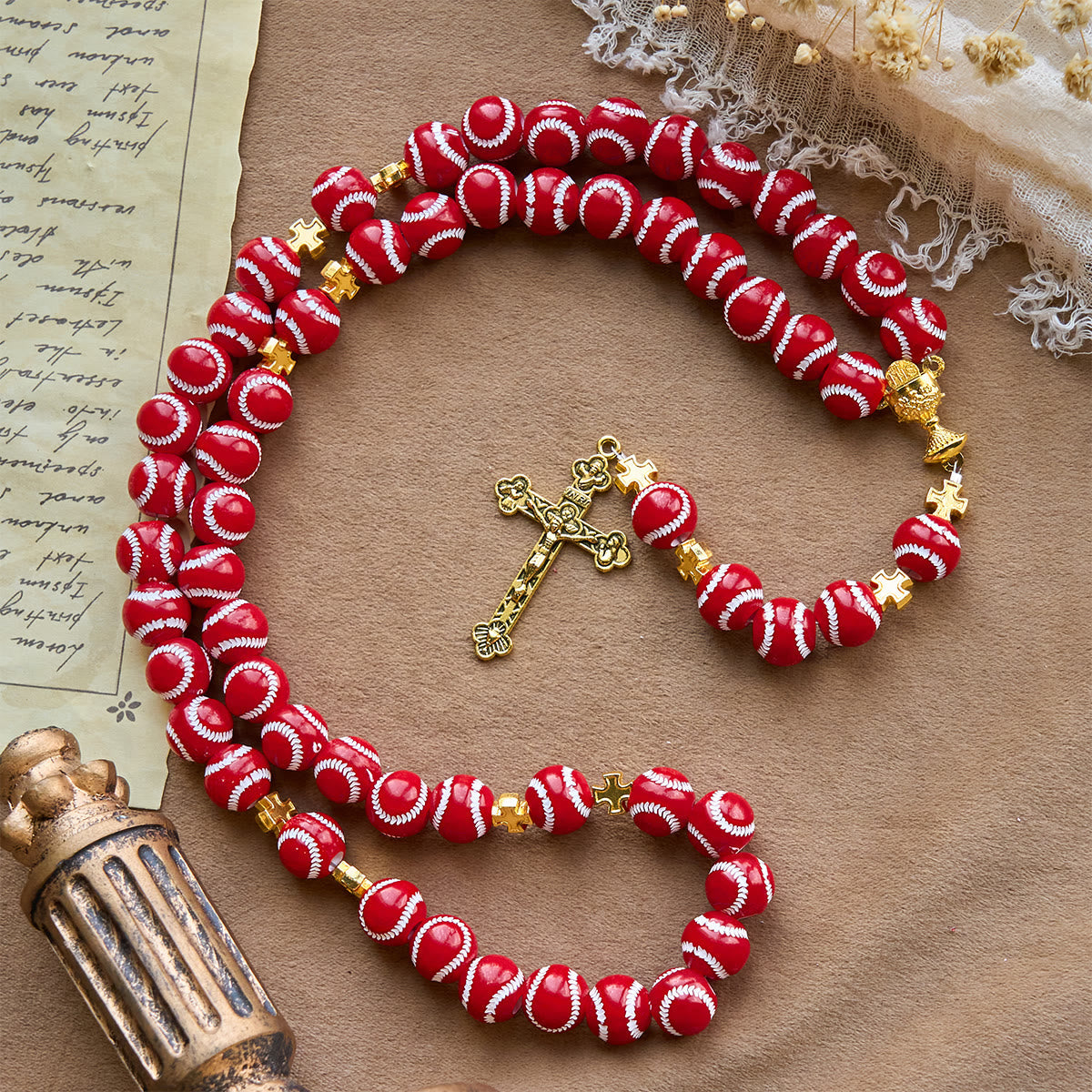 Christianartworkshop Blessed Miniature Baseball Beads Rosary with Golden Holy Chalice & Crucifix: Merge Faith and Sport