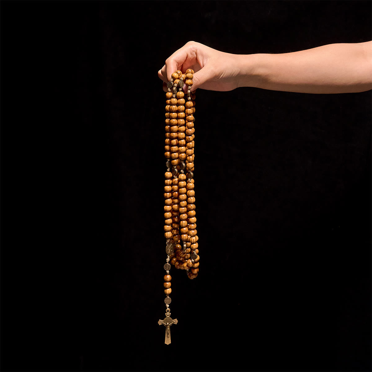 Christianartworkshop 15/20 Decade Olive Wood Rosary with St. Benedict, Crucifix & Waist Chain Design—Divine Devotion in Dual Use