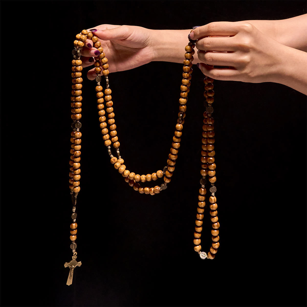 Christianartworkshop 15/20 Decade Olive Wood Rosary with St. Benedict, Crucifix & Waist Chain Design—Divine Devotion in Dual Use