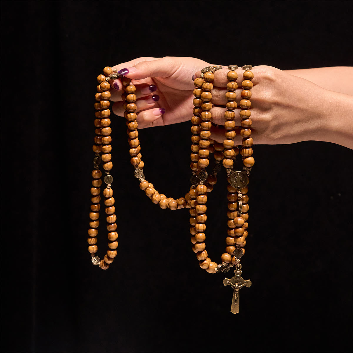 Christianartworkshop 15/20 Decade Olive Wood Rosary with St. Benedict, Crucifix & Waist Chain Design—Divine Devotion in Dual Use