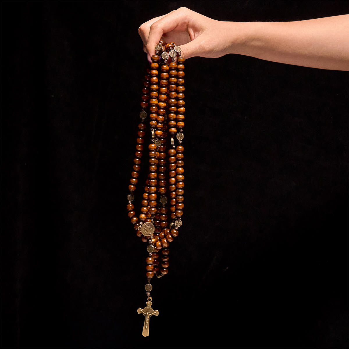 Christianartworkshop 15/20 Decade Olive Wood Rosary with St. Benedict, Crucifix & Waist Chain Design—Divine Devotion in Dual Use