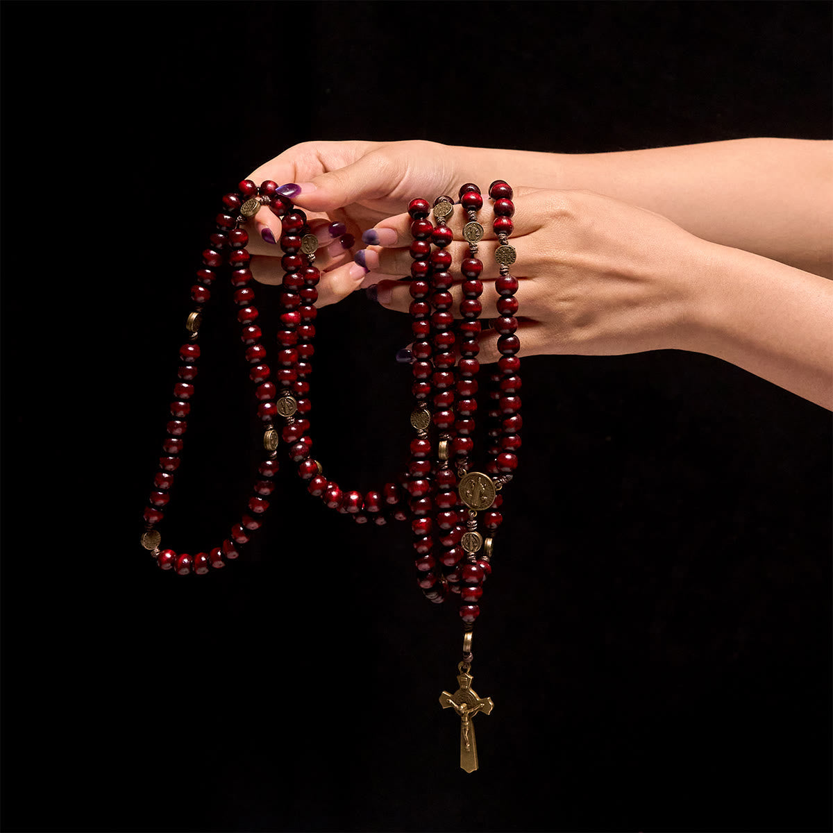 Christianartworkshop 15/20 Decade Olive Wood Rosary with St. Benedict, Crucifix & Waist Chain Design—Divine Devotion in Dual Use