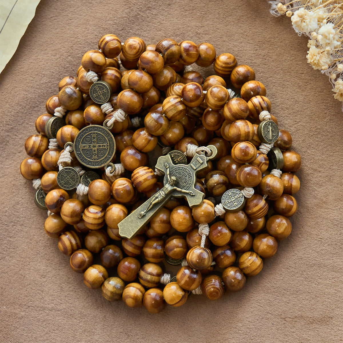 Christianartworkshop 15/20 Decade Olive Wood Rosary with St. Benedict, Crucifix & Waist Chain Design—Divine Devotion in Dual Use