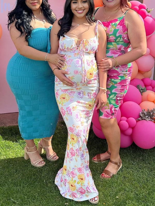 Yellow Crushed Flower Spaghetti Strap lace-up Ruched Banquet Party Baby Shower Maternity Photoshoot Maxi Dress