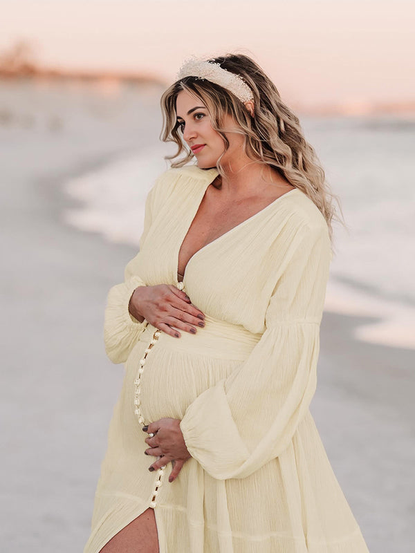 Ivory White Single Breasted Open Front Big Swing Deep V-neck Robe Elegant Wedding Gown Maternity Boho Photoshoot Baby Shower Maxi Dress