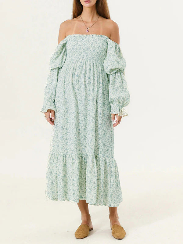 White Ruffle Ruched High Waist Puff Sleeve Cute Photoshoot Maternity Maxi Dress