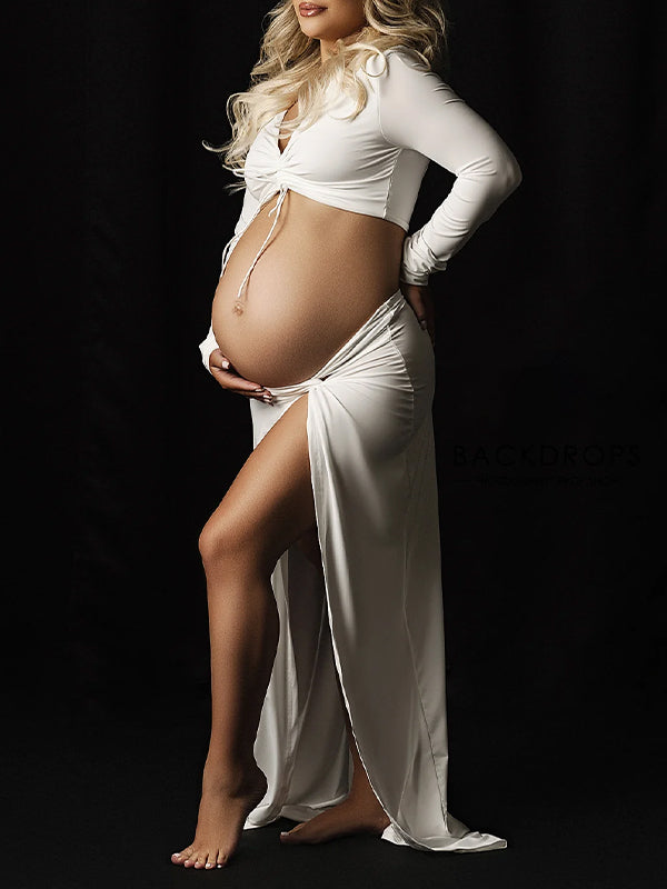 White 2 Pieces Ruched Drawstring Knot Side Slit Backless V-neck Baby Shower Photoshoot Maternity Maxi Dress