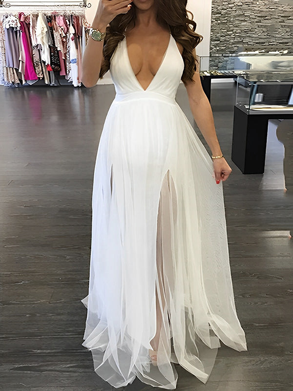 White Tulle Off Shoulder Grenadine Side Slit Backless V-Neck Cute Gown Baby Shower Maternity Maxi Dress