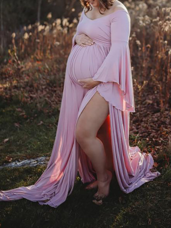 Solid Off Shoulder V-neck Slit Flare Sleeve Party Long Train Gown Maternity Photoshoot Maxi Dress