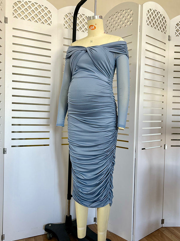 Blue Ruched Off Shoulder Cross Chest Bodycon Elegant Wedding Guest Maternity Photoshoot Midi Dress