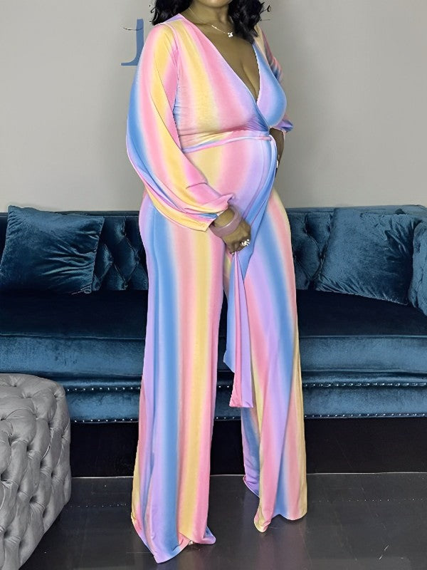Pink-Blue Rainbow Striped Tie Dye Gender Reveal High Waisted Babyshwower Pregnant Maternity Wide Leg Long Jumpsuit