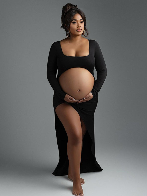 Black Ruffle Cut Out Crop Side Slit Irregular Bodycon Photoshoot Maternity Maxi Dress
