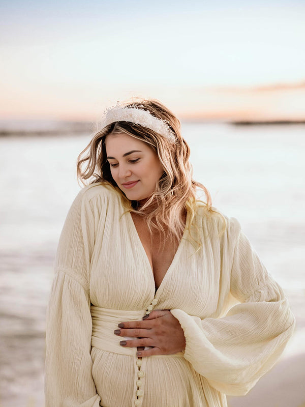 Ivory White Single Breasted Open Front Big Swing Deep V-neck Robe Elegant Wedding Gown Maternity Boho Photoshoot Baby Shower Maxi Dress