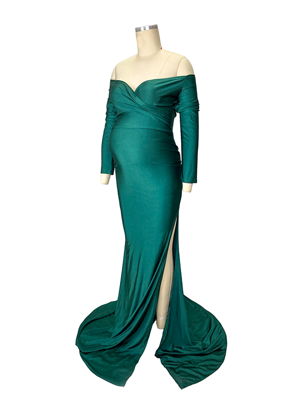Green Off Shoulder Long Sleeve High Split Bodycon Solid Baby Shower Evening Gown Maternity Maxi Dress