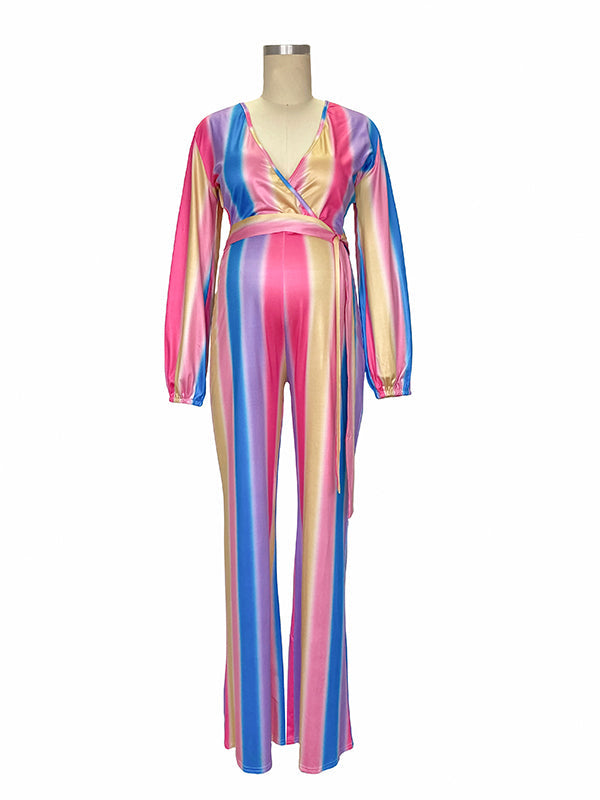 Pink-Blue Rainbow Striped Tie Dye Gender Reveal High Waisted Babyshwower Pregnant Maternity Wide Leg Long Jumpsuit