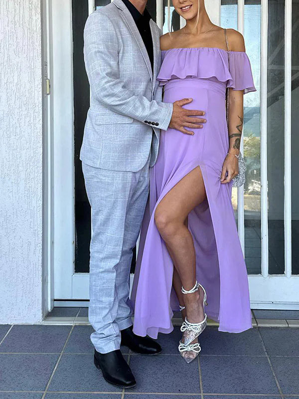 Flowy Chiffon Off Shoulder Ruffle Falbala Side Slit Big Swing Elegant Evening Gown Maternity Photoshoot Baby Shower Maxi Dress