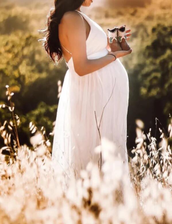 White Tulle Off Shoulder Grenadine Side Slit Backless V-Neck Cute Gown Baby Shower Maternity Maxi Dress