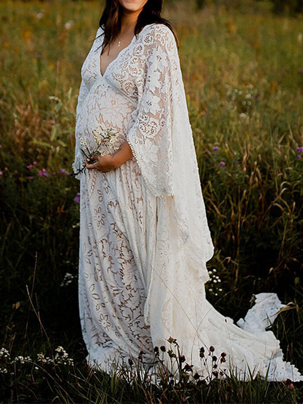 Floral Lace Backless Boho Baby Shower Flare Sleeve Pregnant Maternity Photoshoot Maxi Dress
