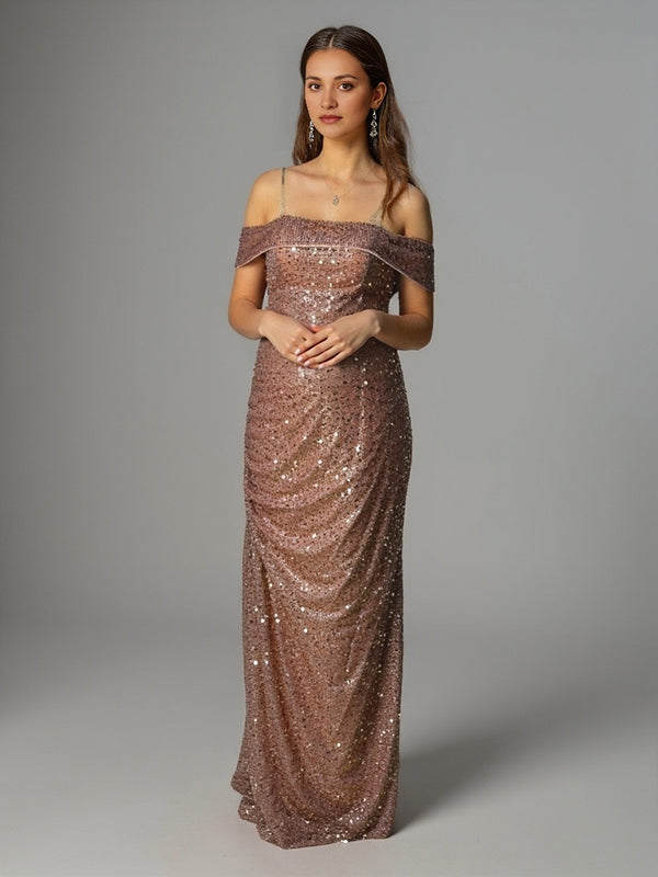 Sparkly Sequin Off Shoulder Side Slit Draped Evening Gown Maternity Photoshoot Elegant Baby Shower Party Maxi Dress