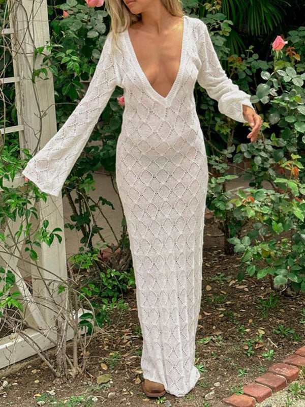 White Knitting Backless Tie Back Deep V-neck Photoshoot Maternity Maxi Dress