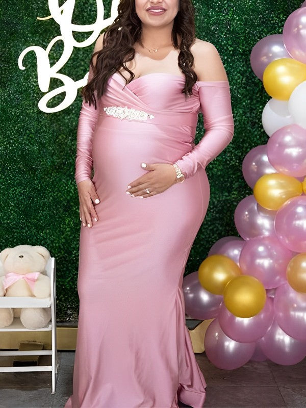 Pink Off Shoulder Long Sleeve High Split Bodycon Baby Shower Party Gown Pregnancy Maternity Maxi Dress