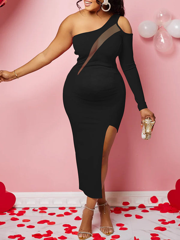 Mesh Bodycon Side Slit Belly Friendly Single Sleeve Babyshower Maternity Midi Dress