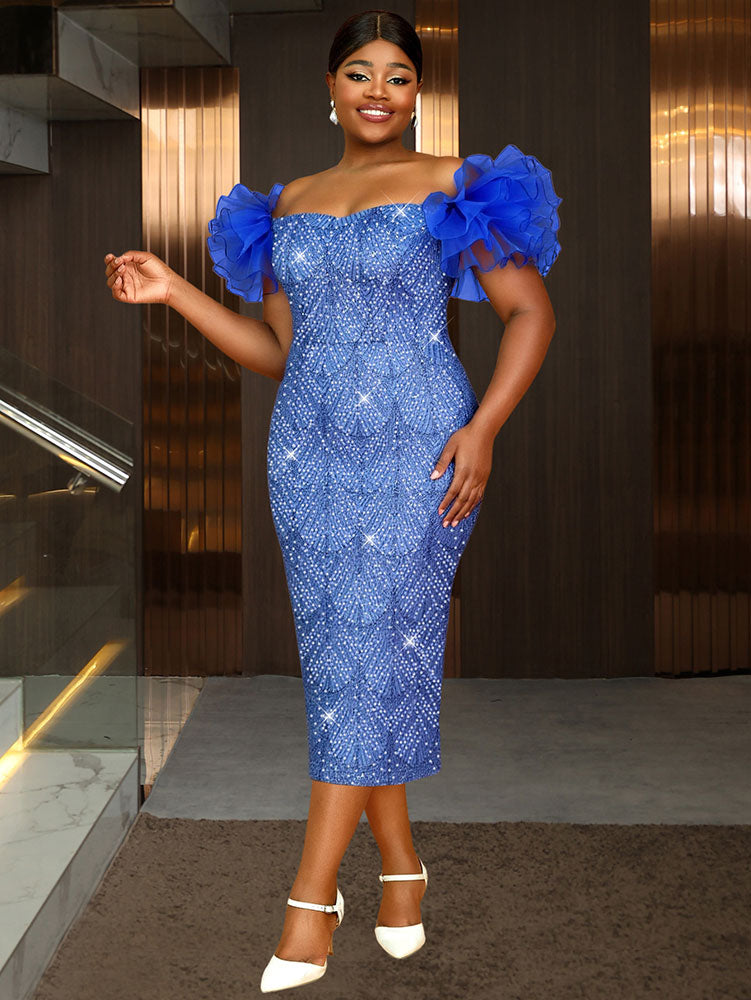 Shiny Sequins Wedding Guest Dresses Slash Neck 3D Ruffles