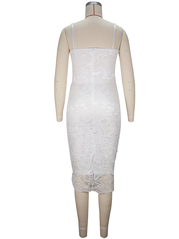 White Lace Spaghetti Strap Backless V-Neck Elegant Babyshower Party Maternity Midi Dress