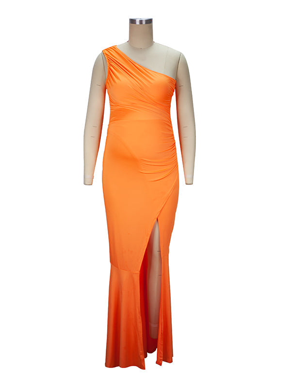 Orange Off Shoulder Ruffle Irregular Side Slit Party Gown Babyshower Elegant Maternity Maxi Dress