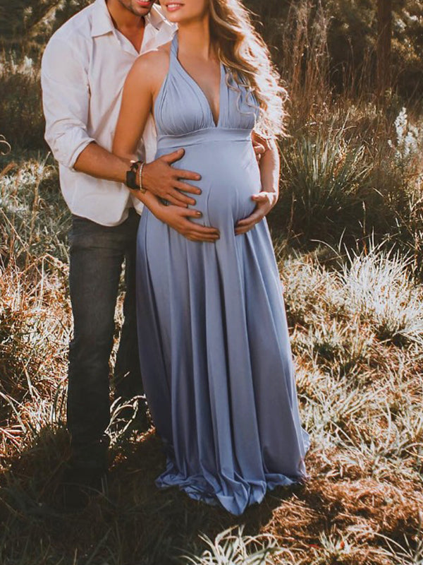 Spaghetti Strap Backless Tie Back High Waist Boho Photoshoot Maternity Maxi Dress