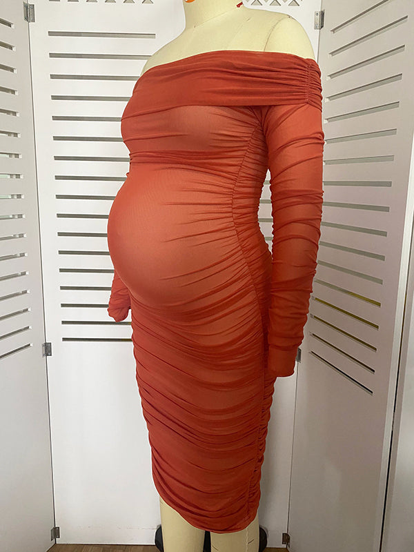 Caramel Off Shoulder Grenadine Ruched Elegant Baby Shower Maternity Midi Dress