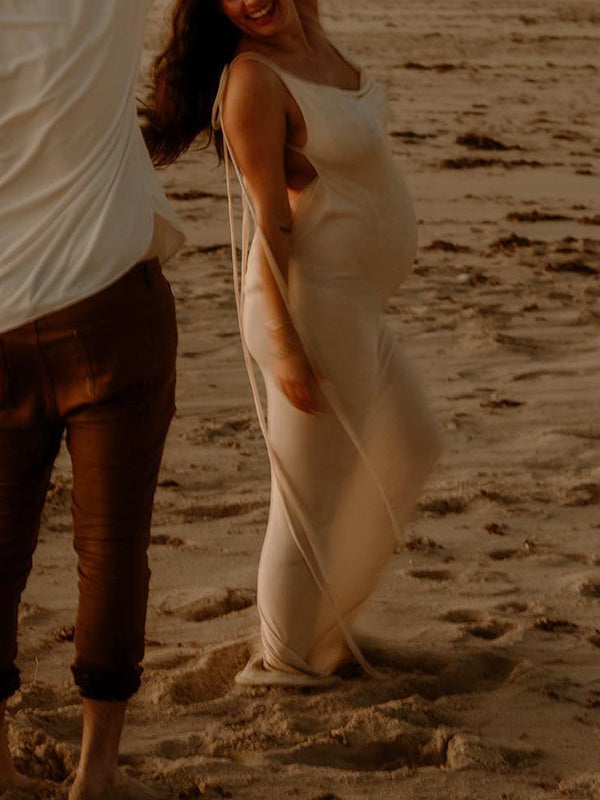 Apricot Spaghetti Strap Backless Photoshoot Bodycon Lace Up Maternity Maxi Dress
