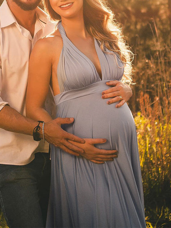Spaghetti Strap Backless Tie Back High Waist Boho Photoshoot Maternity Maxi Dress